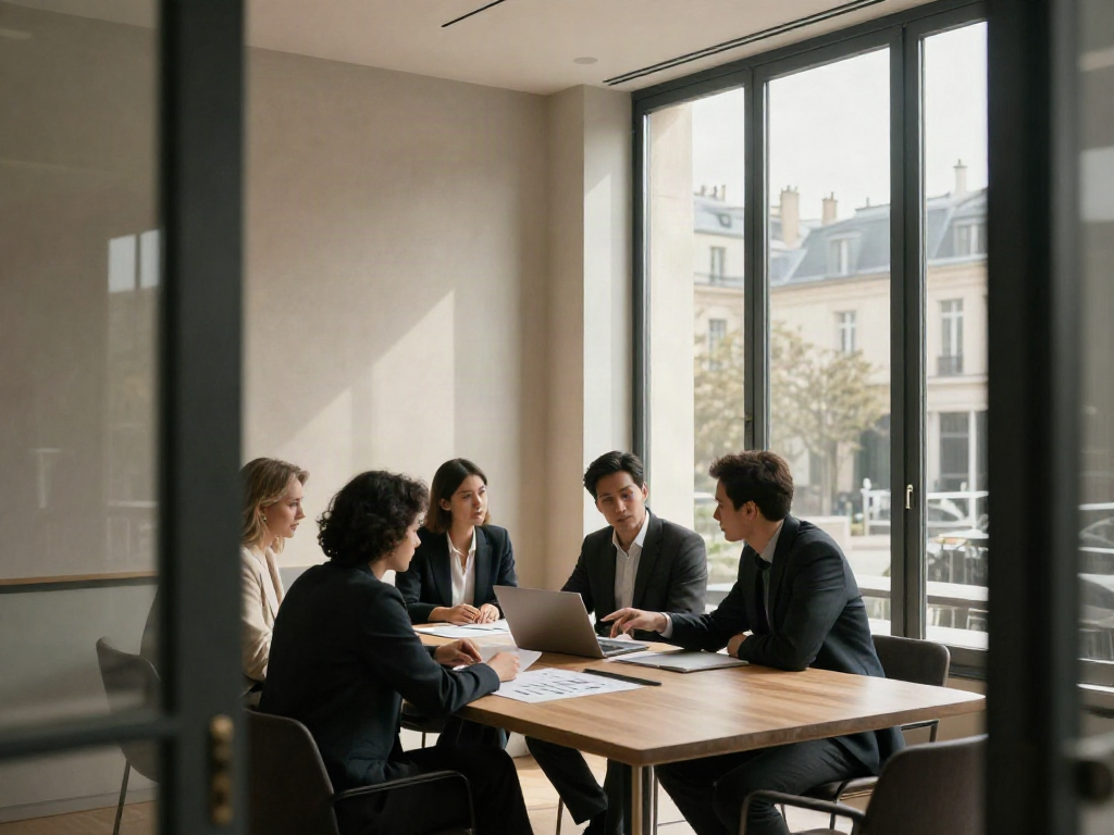 Consultants discussing a corporate strategy around a meeting table in a light-filled office